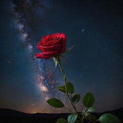 "An elegant close-up of a vibrant red rose in full bloom, with velvety petals that curl delicately outward, capturing the texture and richness of the flower. The background is softly blurred.