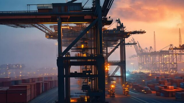 A futuristic port equipped with smart cranes and automated cargo handling systems that optimize loading and unloading, while AI manages inventory and logistics in real-time.