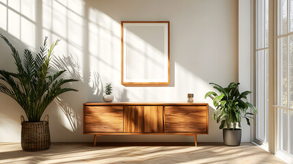 Minimalist living room interior with wooden furniture. a framed abstract print