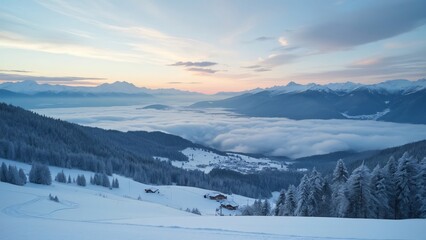 Fototapeta premium Panoramic Sunrise Alps, Snowy Hills, Frosty Forest, and Village