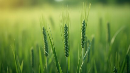 Obraz premium Hyperrealistic Macro Photography, Lush Green Wheat Grass in a Vibrant Meadow