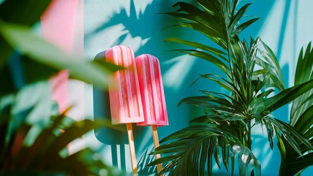 Colorful popsicles resting against a vibrant blue and pink wall surrounded by tropical plants on a sunny day