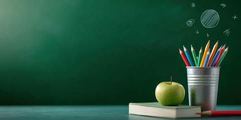 A vibrant classroom scene featuring a green apple, colored pencils in a metal cup, and books against a rich green chalkboard background, inspiring creativity and learning.