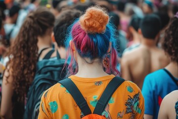 Woman with vibrant pink and blue hair in a bun, wearing an orange shirt and backpack. Perfect for themes of youth culture, individuality, and festivals.