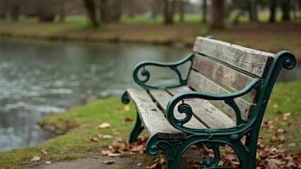Serene Park Bench by Pond, Rustic Wooden Seat with Green Metal Frame, Autumn Leaves