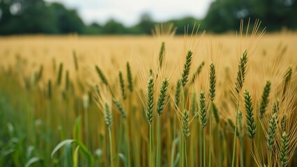 Fototapeta premium Golden Wheat Field Landscape, Lush Green Grass and Trees Background - Rural Scenery Photo