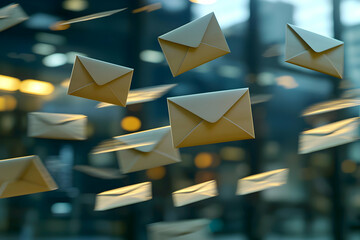 A digital email campaign with flying envelopes aimed at a target audience, emphasizing business outreach and customer engagement through virtual communication.