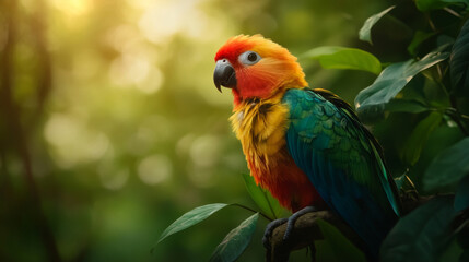 Fototapeta premium An exotic bird with vibrant plumage, perched in a tropical rainforest, surrounded by lush greenery and sunlight filtering through the trees.