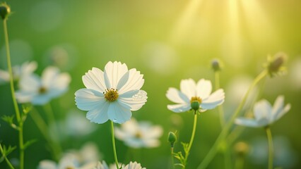 Close-up Photography of Delicate White Cosmos Flowers Blooming in a Lush Green Field, Illuminated by Soft Sunlight