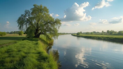 Fototapeta premium Serene Russian Summer Riverbank, Willow Tree, Lush Grass, and Calm Water, Award-Winning Studio Photography