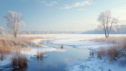 Fototapeta premium Serene Winter Wetland, Frozen Marsh, Snow Covered Field, and Frosty Trees