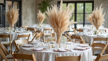 Elegant Modern Wedding Reception, White Linen, Pampas Grass, & Natural Light