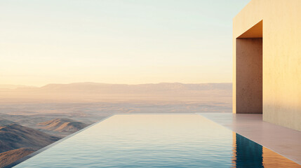A modern wellness retreat with an infinity pool overlooking serene landscapes, promoting relaxation and tranquility.

