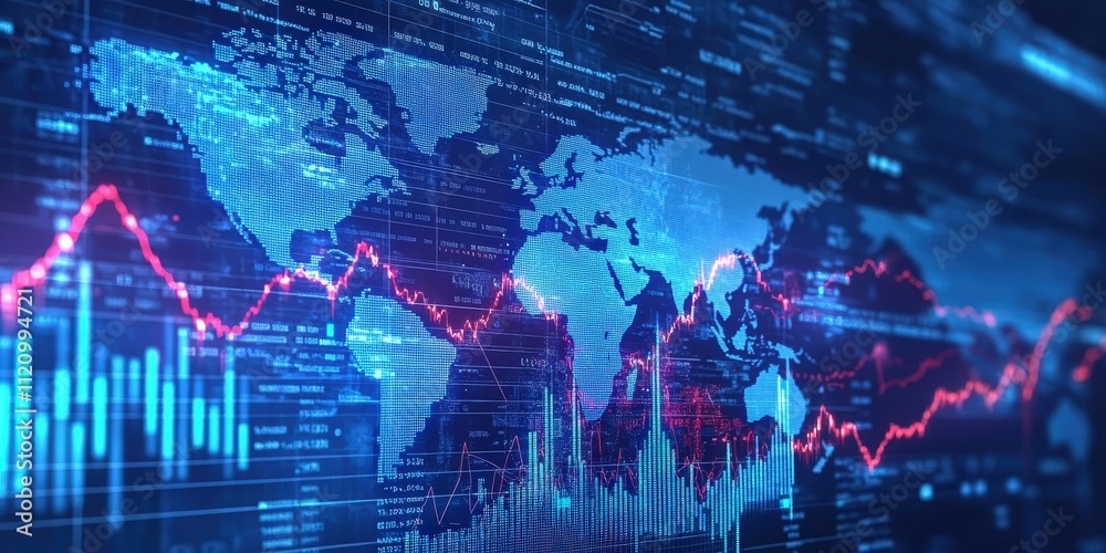 Poster digital stock market background featuring global charts with glowing data visualizations in blue and