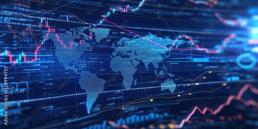 Poster dynamic digital background featuring market charts and data visualizations for stock analysis and fi