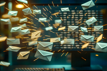 A dynamic email marketing campaign with emails flying from a computer screen into virtual mailboxes, illustrating high engagement and outreach.