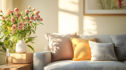 Beautiful bouquet of fresh flowers in vase indoors with sofa