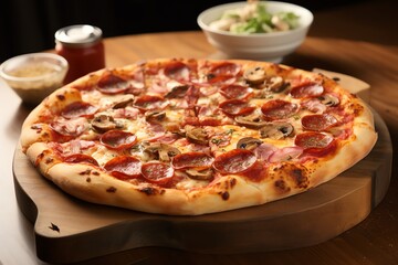 Delicious pepperoni and mushroom pizza on wooden board. (1)