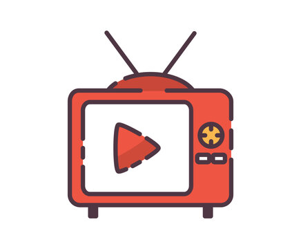 recommend clip art: TV media ads icon illustration. Flat line color icon of red retro television icon with a play button on the screen.  A vintage TV illustration. Colored outline icon.