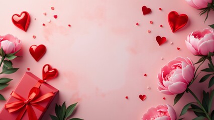 Romantic Valentine's Day Background, Pink Peonies, Red Hearts, Gift Box, Pastel Pink