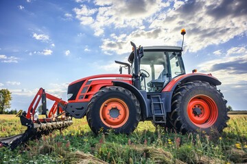 Fototapeta premium Modern tractor plowing field under blue sky with dramatic clouds in countryside.