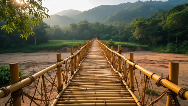Golden Bamboo Bridge over Dry Riverbed in Laos, Stunning Sam Phan Bok Landscape Photography