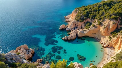 Stunning Aerial View of Mallorca's Secluded Cove, Turquoise Waters, Rocky Coastline, and Lush Greenery