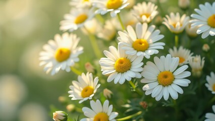 Fototapeta premium Overhead Close-up of Blooming White Daisies with Vibrant Yellow Centers, Soft Sunlight, Spring Nature Tranquility