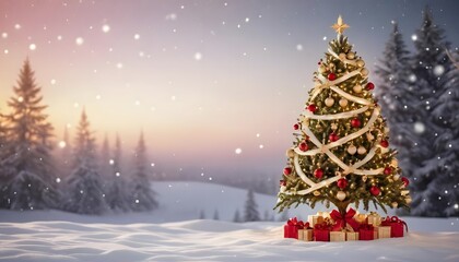 Beautifully decorated Christmas tree with golden ornaments, red ribbons, and white fairy lights