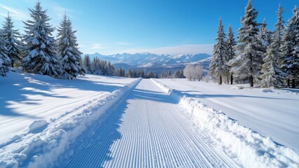 Panoramic View of Snow-Covered Cross-Country Ski Track in the Carpathian Mountains, A Serene Winter Wonderland with Evergreen Trees, Sunny Sky, and Distant Mountain Peaks