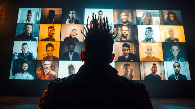 A person with dreadlocks sits before a large screen displaying a grid of diverse faces in a dimly lit room. The image evokes themes of connection, community, or perhaps surveillance.