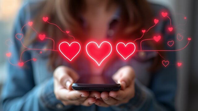 Woman Holding Smartphone with Three Red Hearts, Valentine's Day Social Media Connections, Digital Love Concept