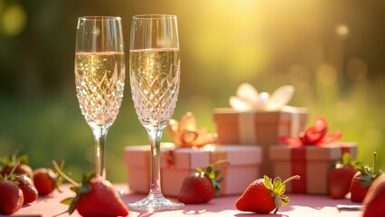 Sparkling Celebration, Crystal Champagne Flutes, Gift Boxes, and Strawberries in Sunny Outdoor Setting