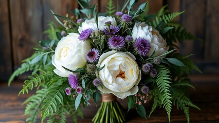 Rustic Wedding Bouquet, White Peonies, Purple Thistles, & Green Ferns - High-Resolution Photography