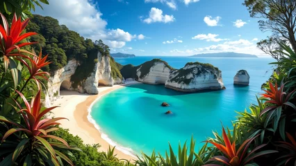 Selbstklebende Fototapeten Stunning Panoramic View of Cathedral Cove Beach, New Zealand, Turquoise Waters, Lush Greenery, White Cliffs, and Small Islands in a High-Angle Wide Shot © RABBI