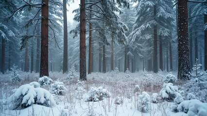 Naklejka premium Enchanted Snowy Forest, Tall Trees, Snow-Covered Ground, Winter Wonderland Landscape Photography