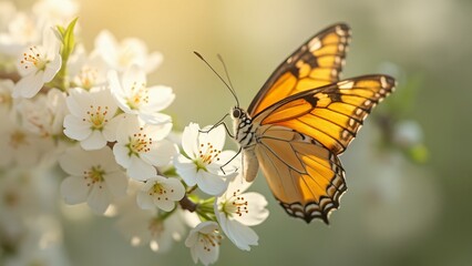 Obraz premium Stunning Springtime Scene, Butterfly on Cherry Blossoms, Blurred Nature Background, Spring Landscape Banner