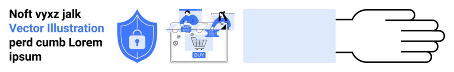 Digital security shield with a lock icon, online shopping elements, a blank card, and a hand offering protection. Ideal for cyber security, e-commerce safety, data protection, payment security, user