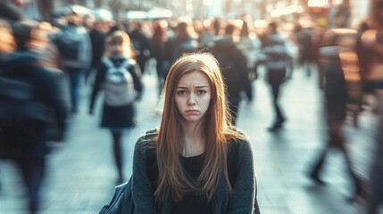 a woman standing in the middle of a crowded street