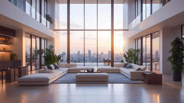 Zoom background: a modern penthouse living room with large windows