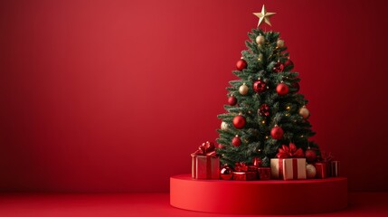 Christmas  tree with empty red podium