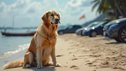 Golden Retriever Dog Waiting on Sunny Thailand Beach, Cars in Background