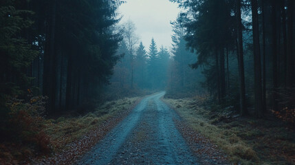 Fototapeta premium Mysterious forest path under a foggy sky invites exploration in autumn
