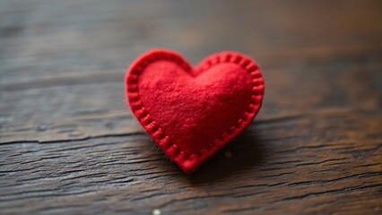 Obraz premium Close-up of a Red Felt Heart Pin on Rustic Wooden Table, Romantic Valentine's Day Decoration, Handcrafted Love Symbol