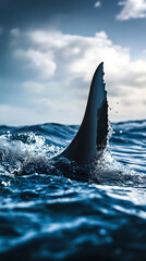 Fototapeta premium A shark fin emerges from ocean waves under a dramatic sky.