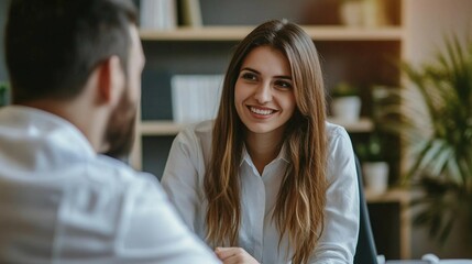 a woman sitting at a desk talking to a man