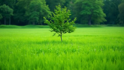 Obraz premium Vibrant Green Meadow Landscape, Single Tree in Lush Grass Field with Forest Background