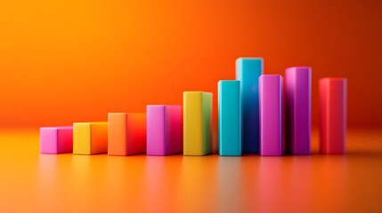 Vibrant Rainbow Bar Graph, Ascending Colorful Blocks on Orange Background, 3D Render, Business Growth Chart, Success, Statistics, Data Visualization, Marketing Concept.