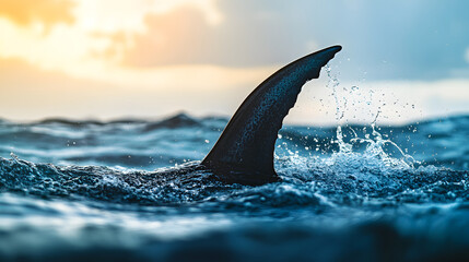 Naklejka premium A shark fin emerges from the ocean, creating splashes against a sunset backdrop.