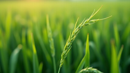 Fototapeta premium Close-up of Rice Grain in Lush Green Paddy Field, High-Resolution Macro Photography